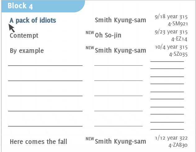 A story block in Analogue: A Hate Story. The first three items and the last item are available. Several items in the middle can not be selected.